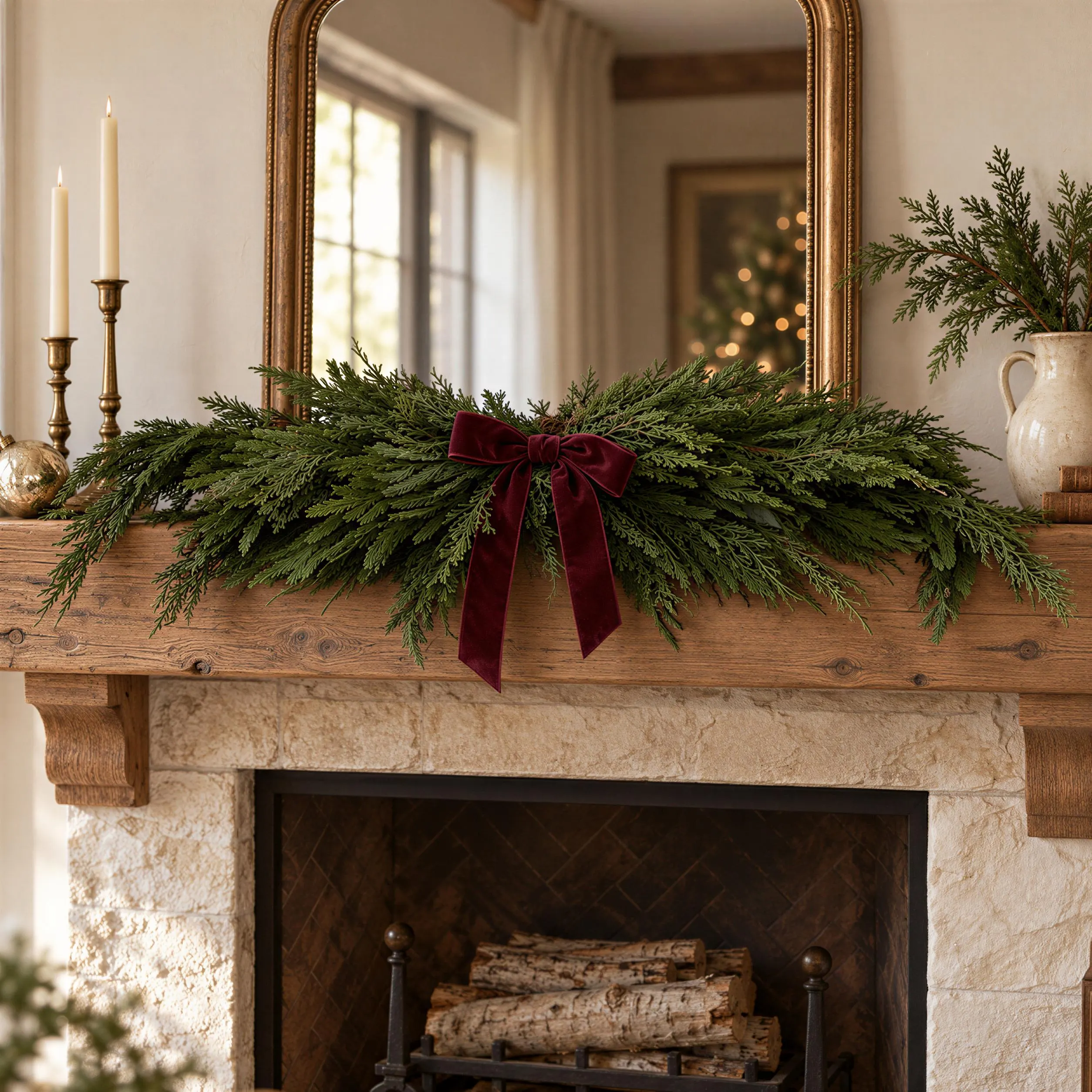 48 Inch Fresh Touch Norfolk Pine and Cedar Swag, Green Christmas Mantel Decoration and Holiday Table Centrepiece