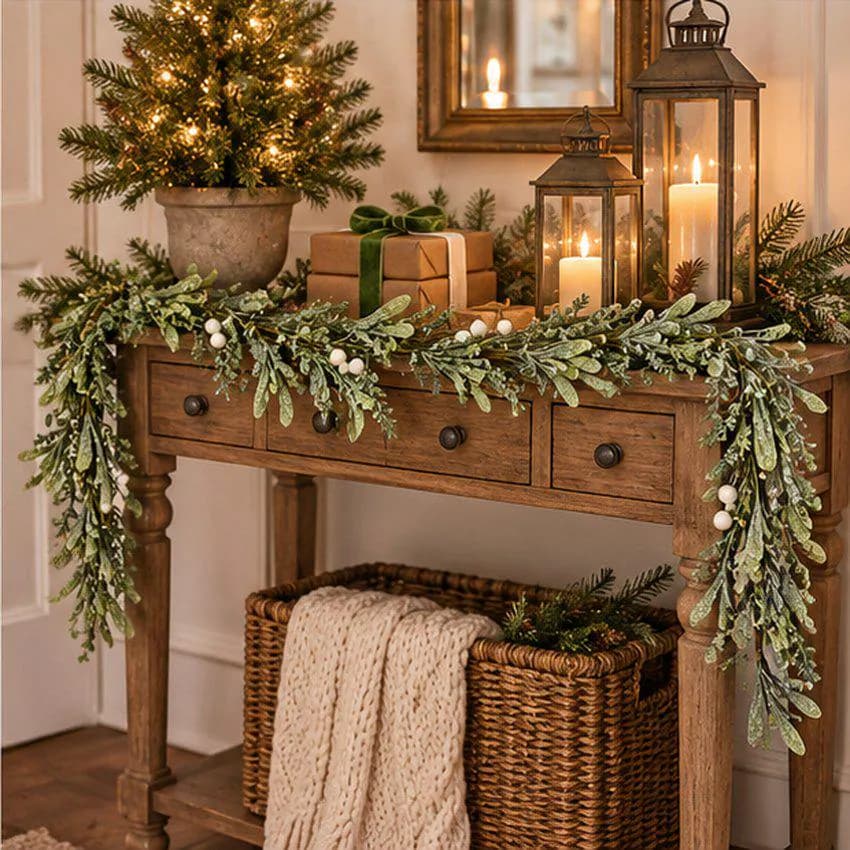 4 Foot Green Glitter Christmas Garland with Bells and Pale Berries, Festive Holiday Mantel Decor