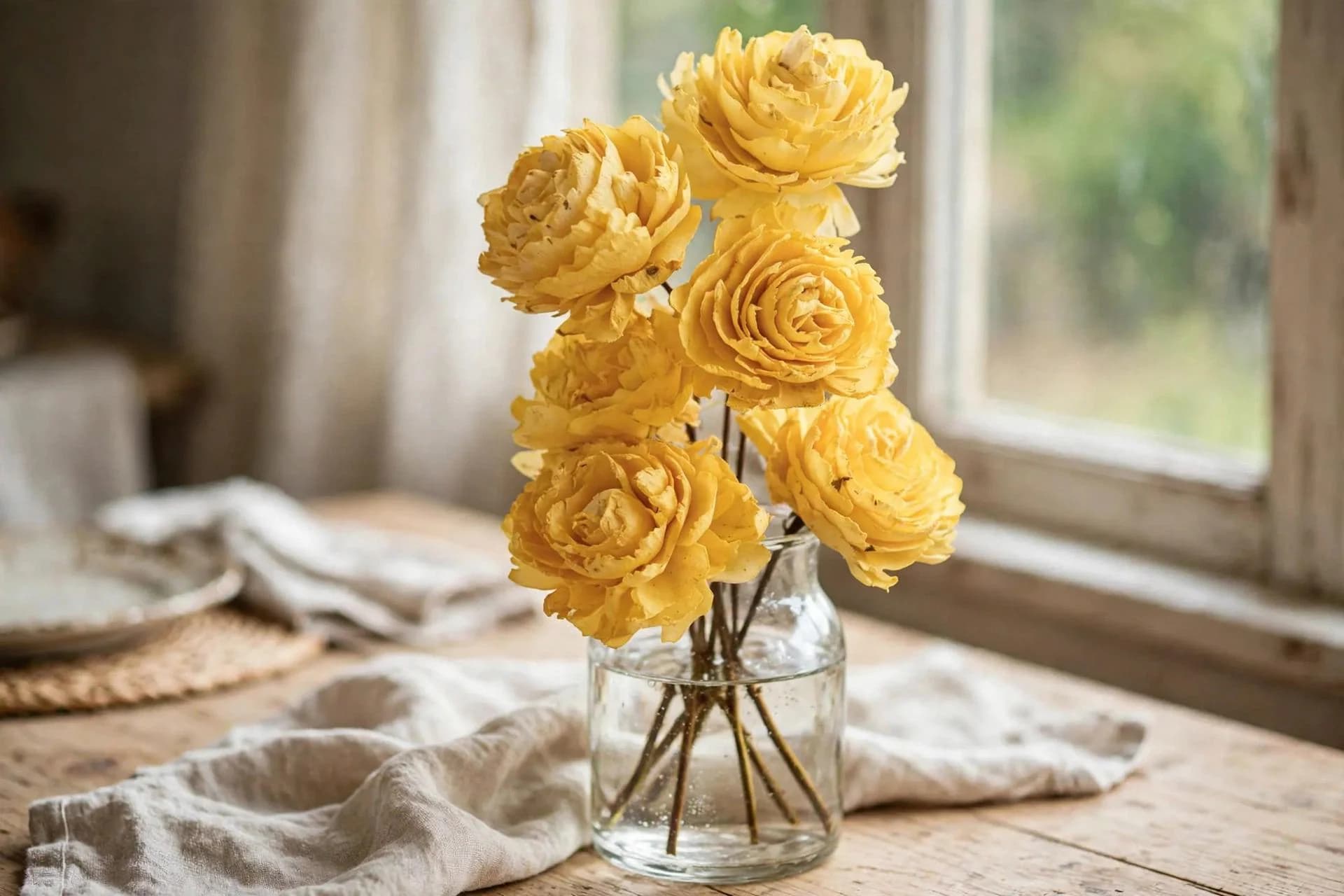 Sola Cedar Rose Yellow 3 Inch | Bunch of 6 Stems | Dried Wood Flower for Bouquets