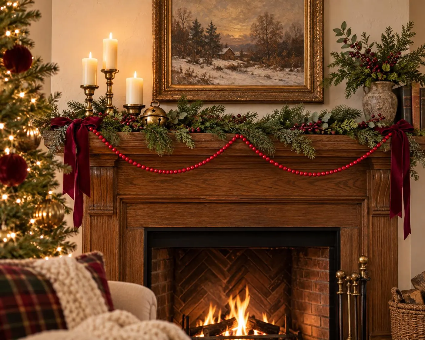 6 Foot Red Wood Bead Garland, Christmas Tree Decoration, Festive Mantel and Staircase Accent