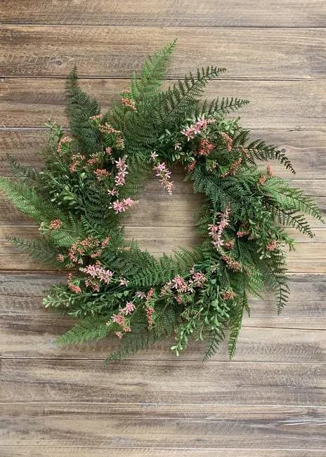 24" Pink Lace Fern Wreath With Flowers/Green Artificial Wreath/Green Wreath/Natural Looking Wreath/Outdoor Wreath/Green Outdoor Wreath/Home