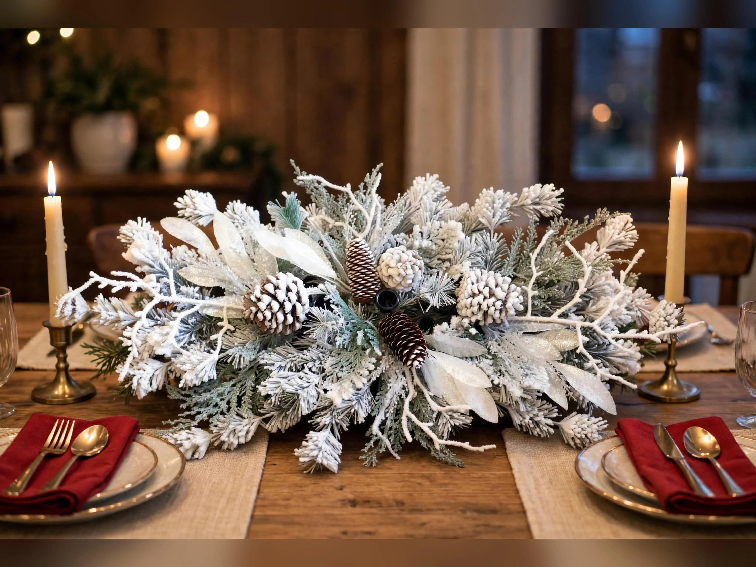 30 In Snowy Christmas Centerpiece, Flocked Table Centerpiece with 3 Candle Holders, Winter Holiday Decor