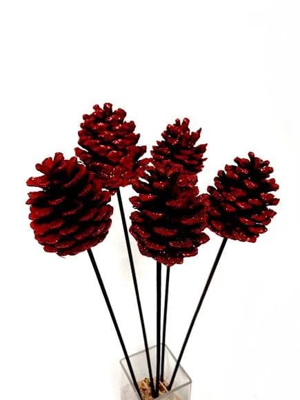 3"-4" Red Sparkle Pine Cones On Stems/Cones/Pine Cones On Sticks/Rustic Decor Idea/Rustic Bowl Filler/Wicker Decoration/Rustic Table Decor