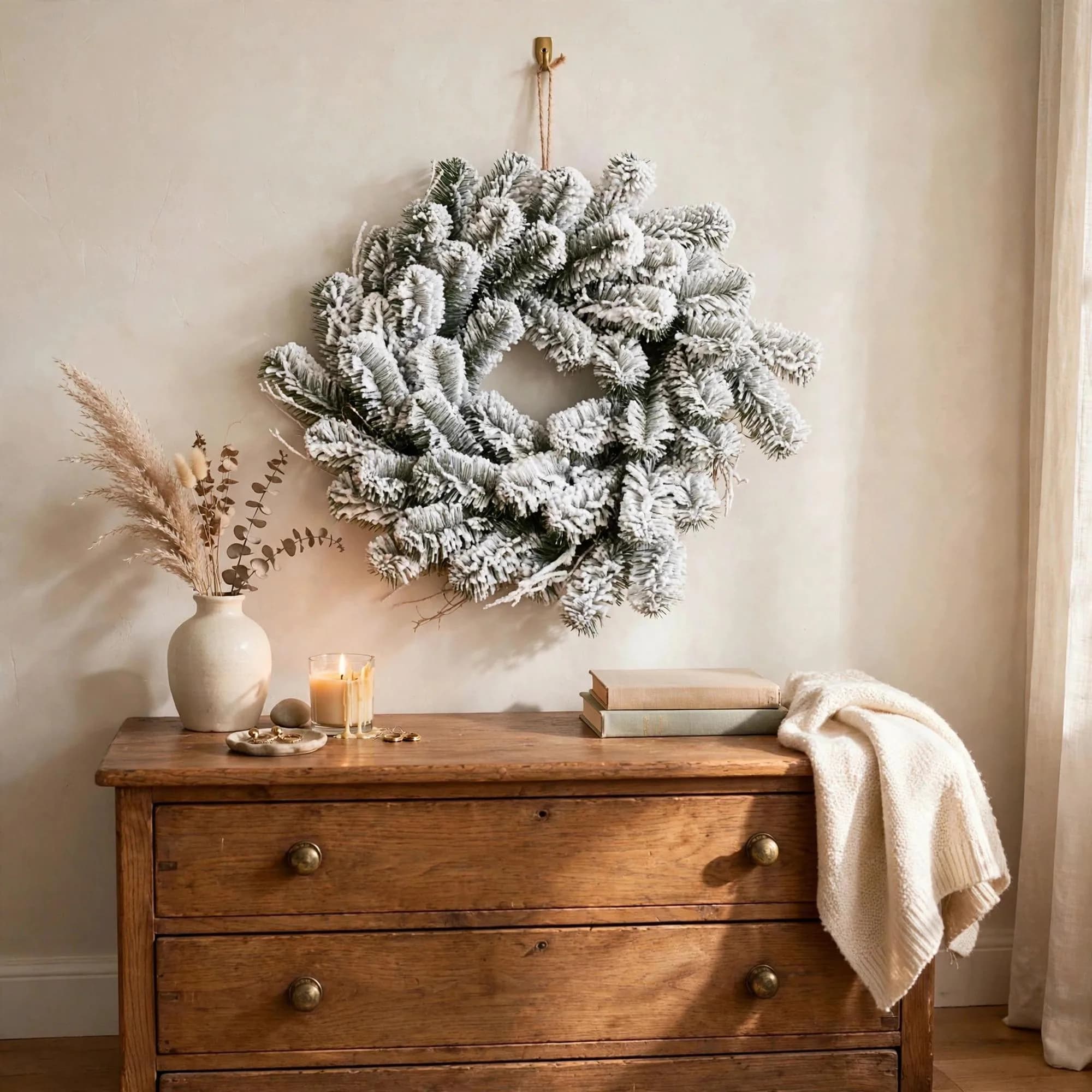 24 Inch Snow Flocked Douglas Fir Christmas Wreath with Twigs, Winter Front Door Wreath