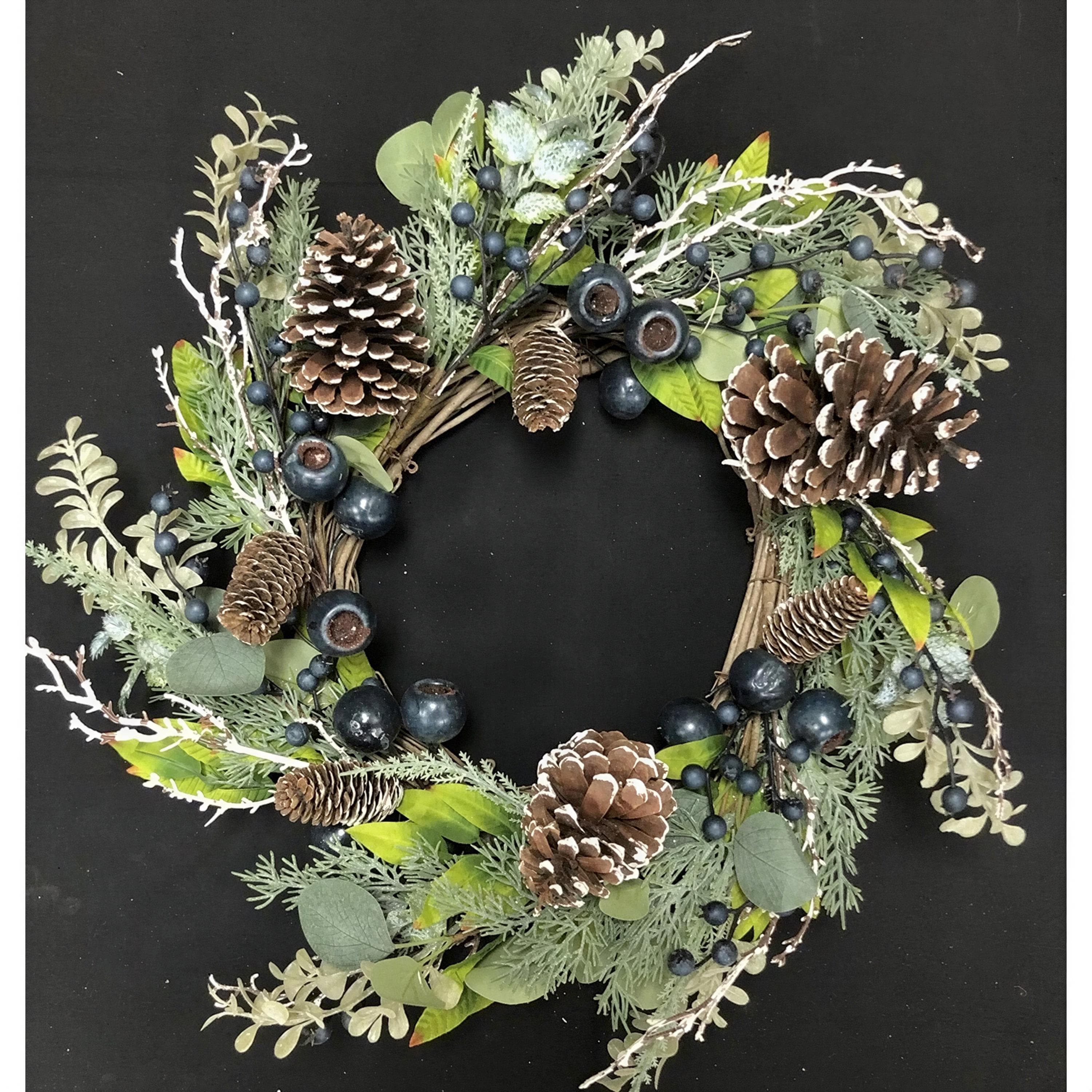 24 Inch Blue Berry Christmas Wreath with Pine Cones, Frosted Green Holiday Door Decor, Winter Wall Accent