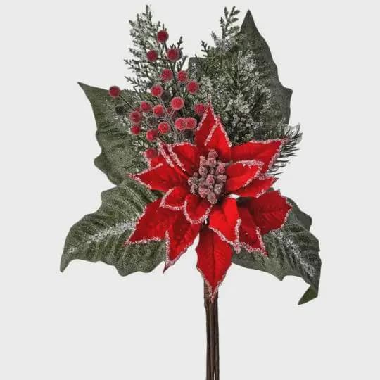 20" Velvet Poinsettia With Berry & Pine Cones/Holiday Decor/Christmas Decorations/Poinsettia Picks/Poinsettia Flowers/Poinsettia Plants