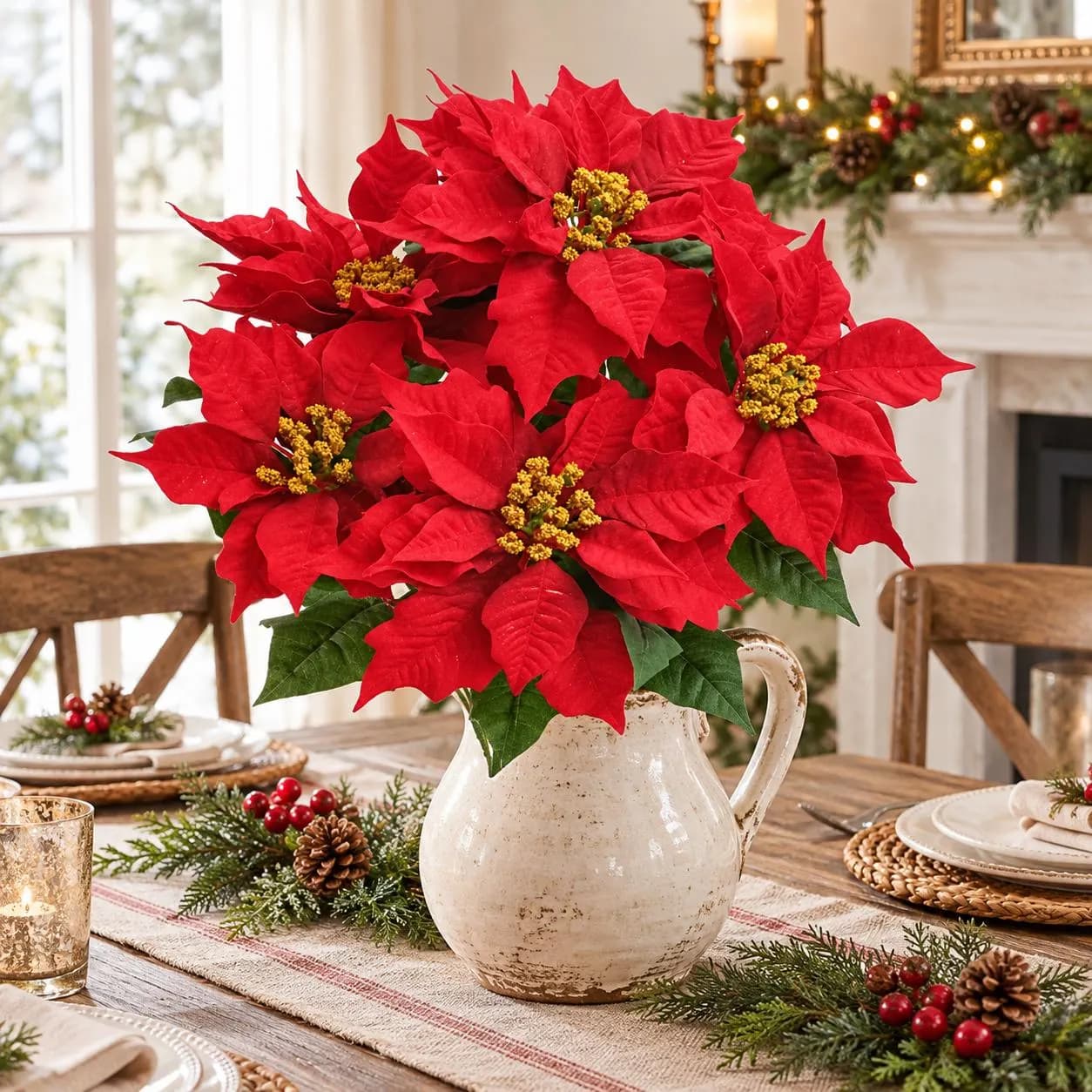 7 Heads, 21 Inch Red Poinsettia Bush, Artificial Christmas Flowers