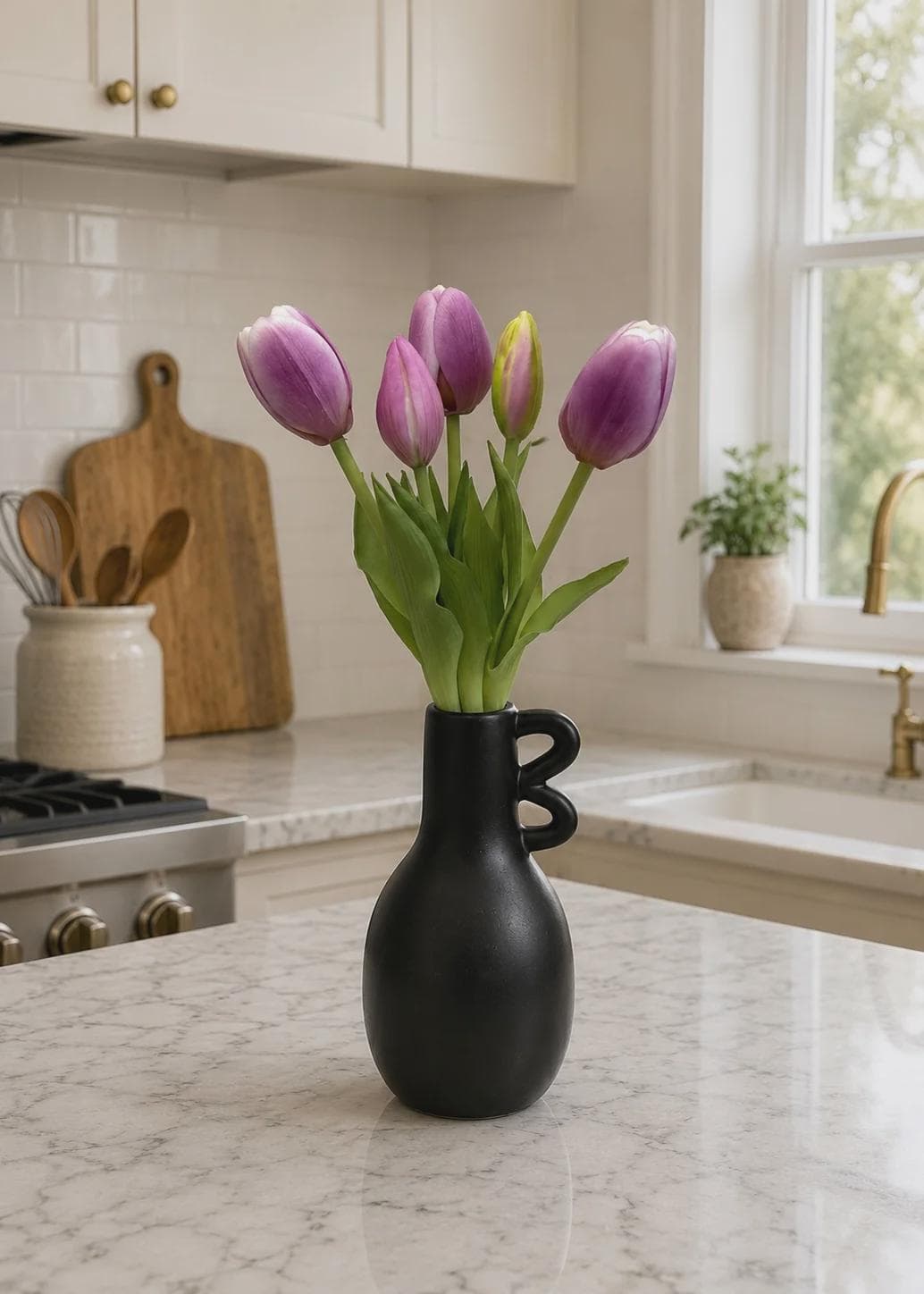 9.5" Mini Lavender White Tulip Bundle (5 Stems) – Fresh Touch Faux Purple White Tulips, 3 Flower Heads and 2 Buds for Small Vases & Decor