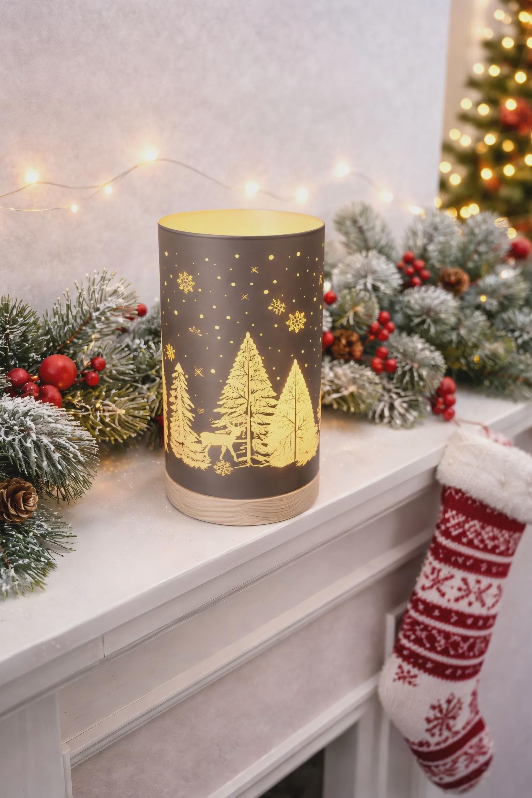 6" LED Brown Glass Tree Cylinder with Wood Base, Flameless Ambient Glow Christmas Lantern, Rustic Woodland Holiday Table Centerpiece