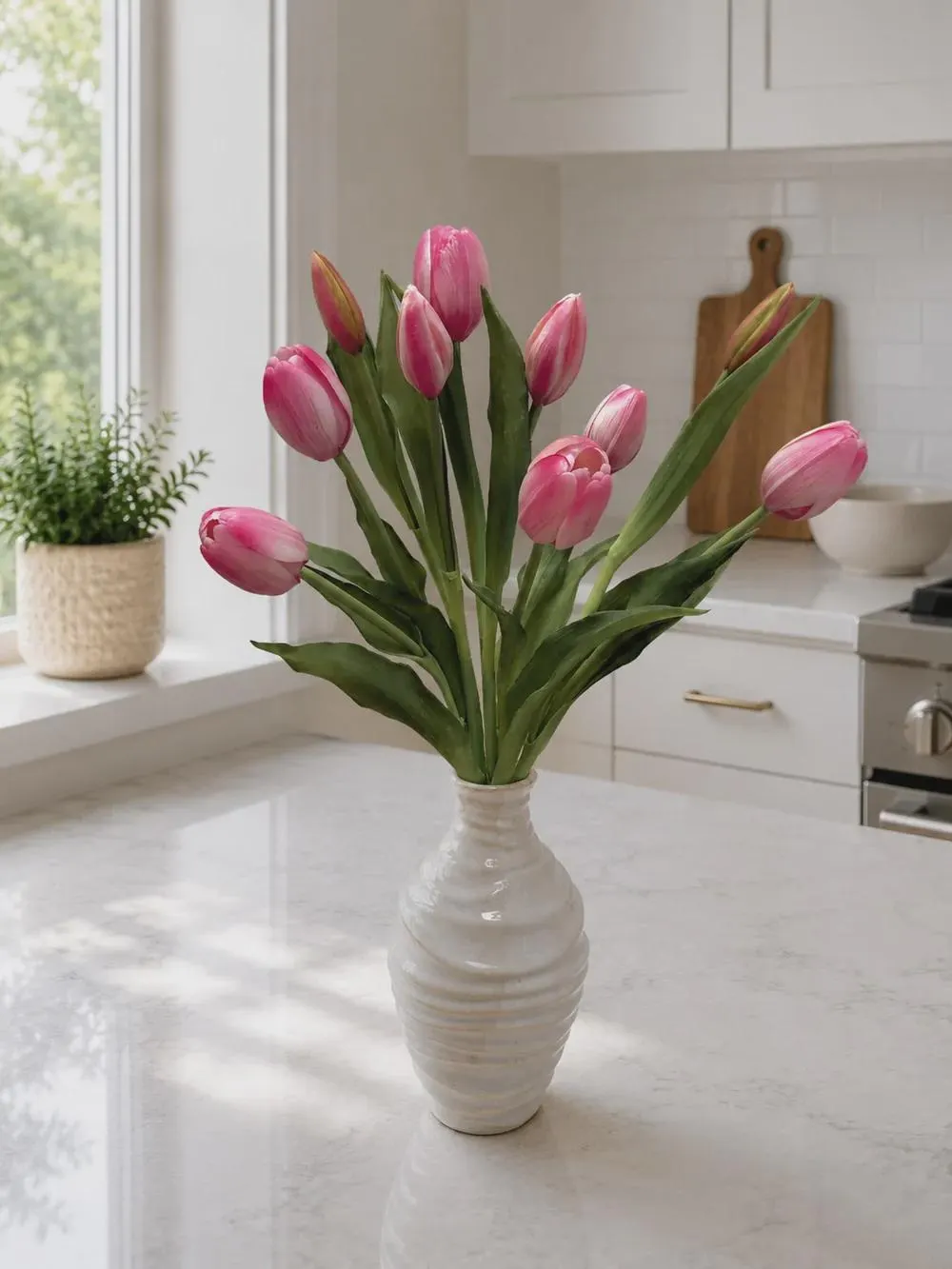 18" Cotton Candy Tulip Bundle (10 Stems) – Fresh Touch Faux Pastel Pink Tulip Pick, 6 Flowers and 4 Buds for Vases, Easter & Decor