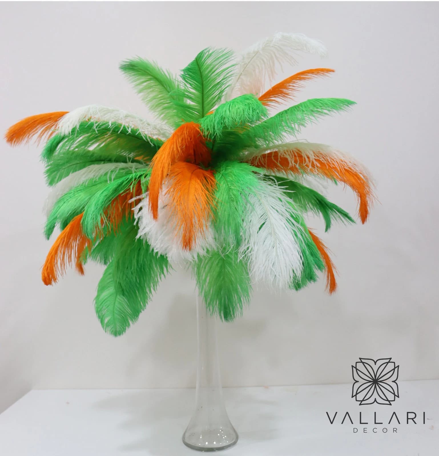 Green, Orange and White 20" Tall Ostrich Feather Centerpiece Kits with Round Eiffel Tower Vase