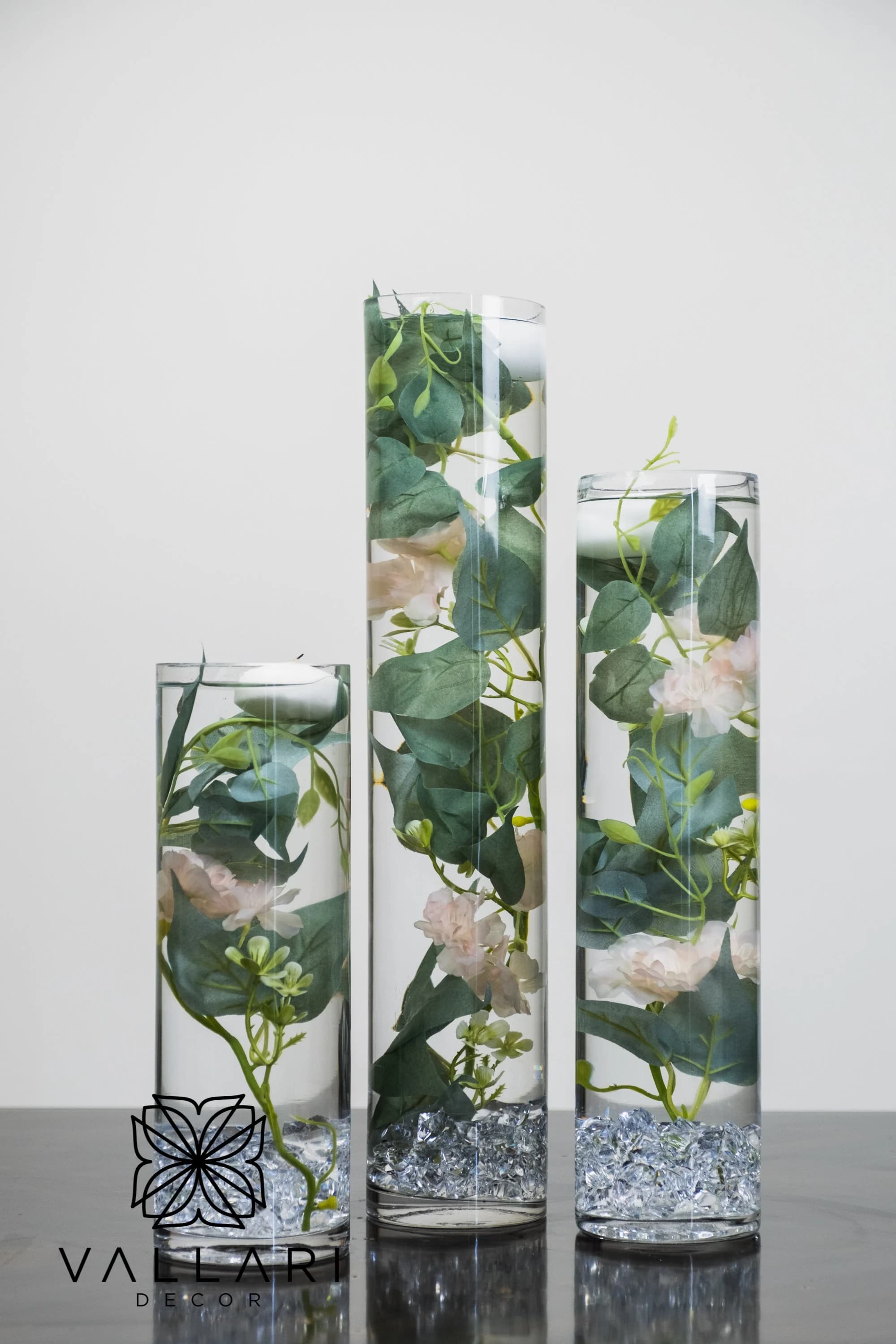 Submersible Pink/White Vine Floral Kit/ Floral Wedding Centerpiece with Floating Candles and Acrylic Crystal Kit