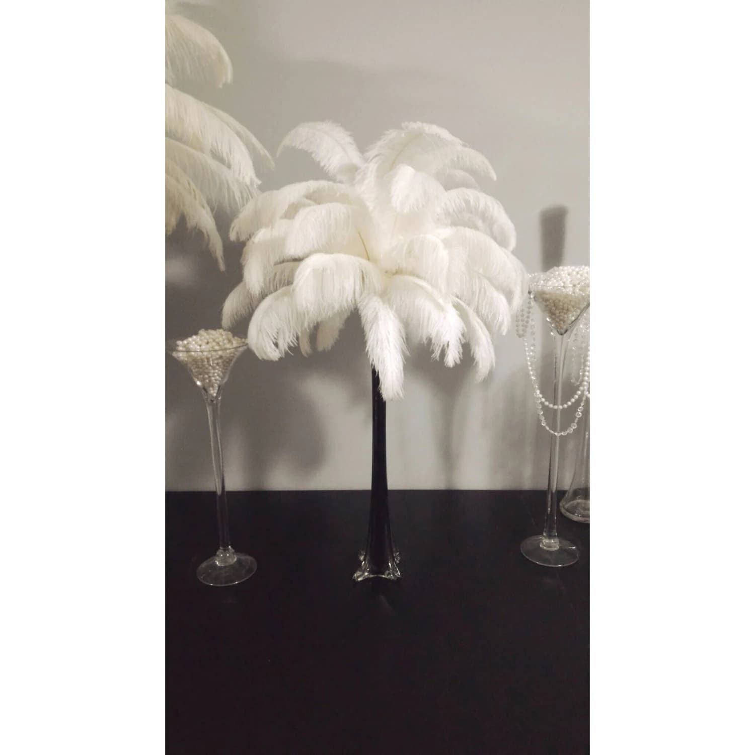 Black Eiffel Tower Vase Ostrich Feather Centerpiece  / Black and white themed centerpiece/ De masque
