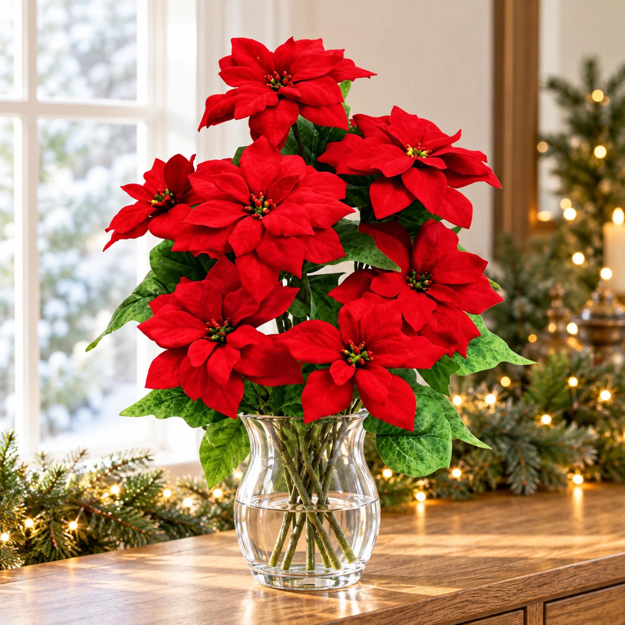 Red Poinsettia Bush, 17 Inch Artificial Christmas Flower Arrangement Supply