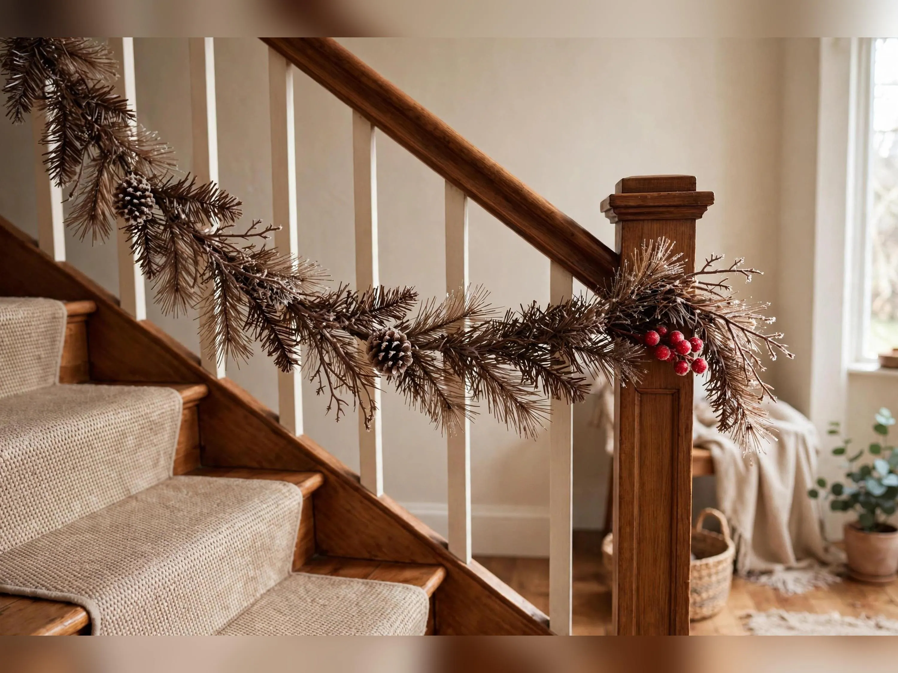 6 Foot Frosted Christmas Garland with Pinecones and Twigs, Snowy Holiday Mantel Decor
