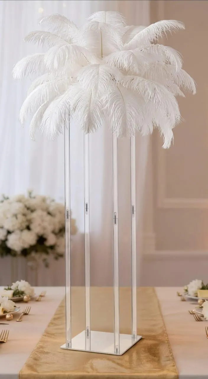 31.5" Clear Acrylic Pillar Centerpiece with White Ostrich Feathers, Modern Wedding Floral Stand, Crystal Column Party Decor, Luxury Event