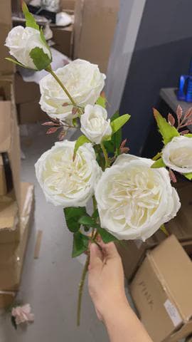 White Austin Rose Bunch, 3 Premium Silk Flower Heads, Artificial English Garden Rose Bouquet for Weddings and Luxury Home Decor