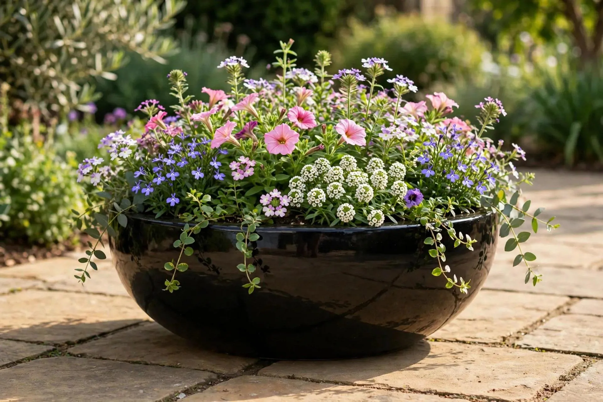 Polystone Low Bowl Black 19x9 Inch | Large Lacquered Bowl Planter | Garden Centrepiece