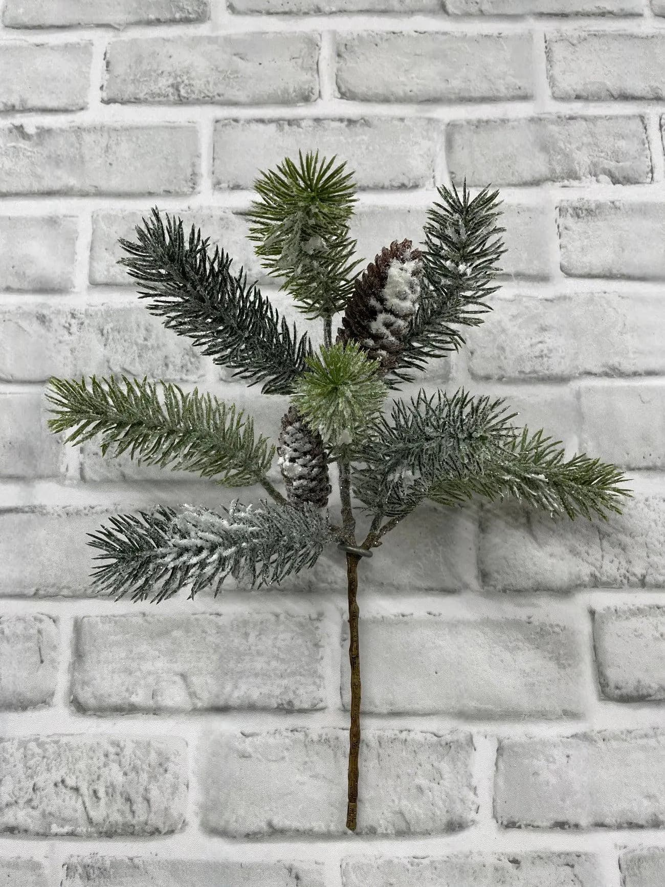 15" Snowy Pine Spray, Faux Winter Greenery Pick, Artificial Christmas Needle Stem, Realistic Snowy Pine Branch for Holiday Wreaths