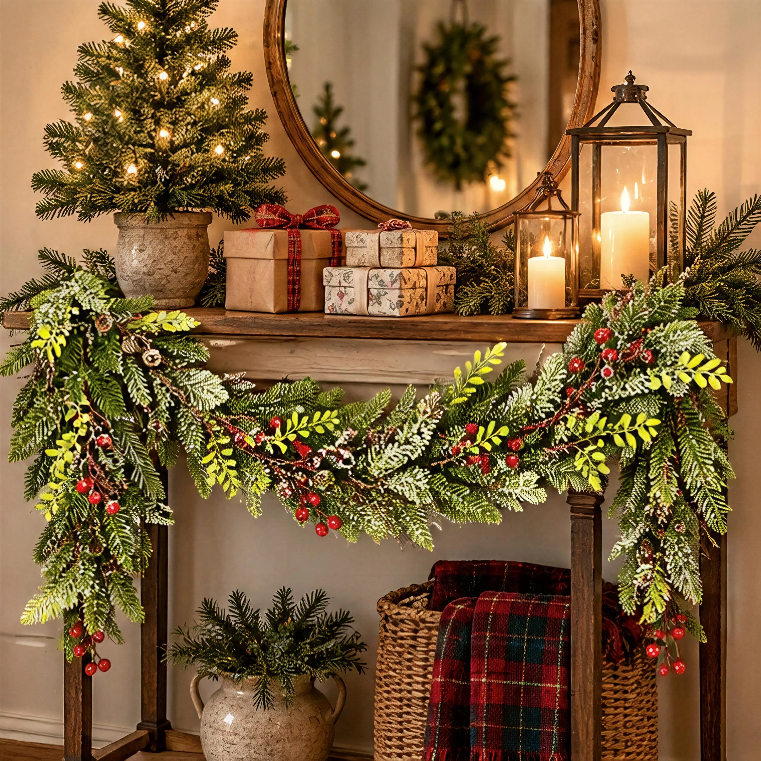 4 Foot Christmas Garland with Red Berries, Pine Cones and Snowy Greenery, Holiday Mantel Decor