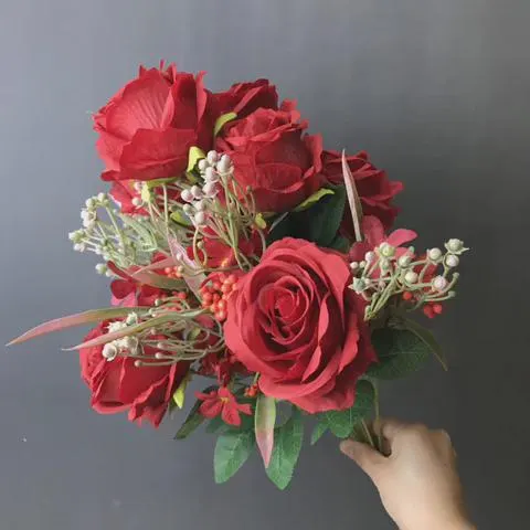 Red Rose Bunch with Fillers, Realistic Silk Roses for Wedding Centerpieces, Artificial Floral Bouquet, Faux Red Roses, DIY Bridal Flowers