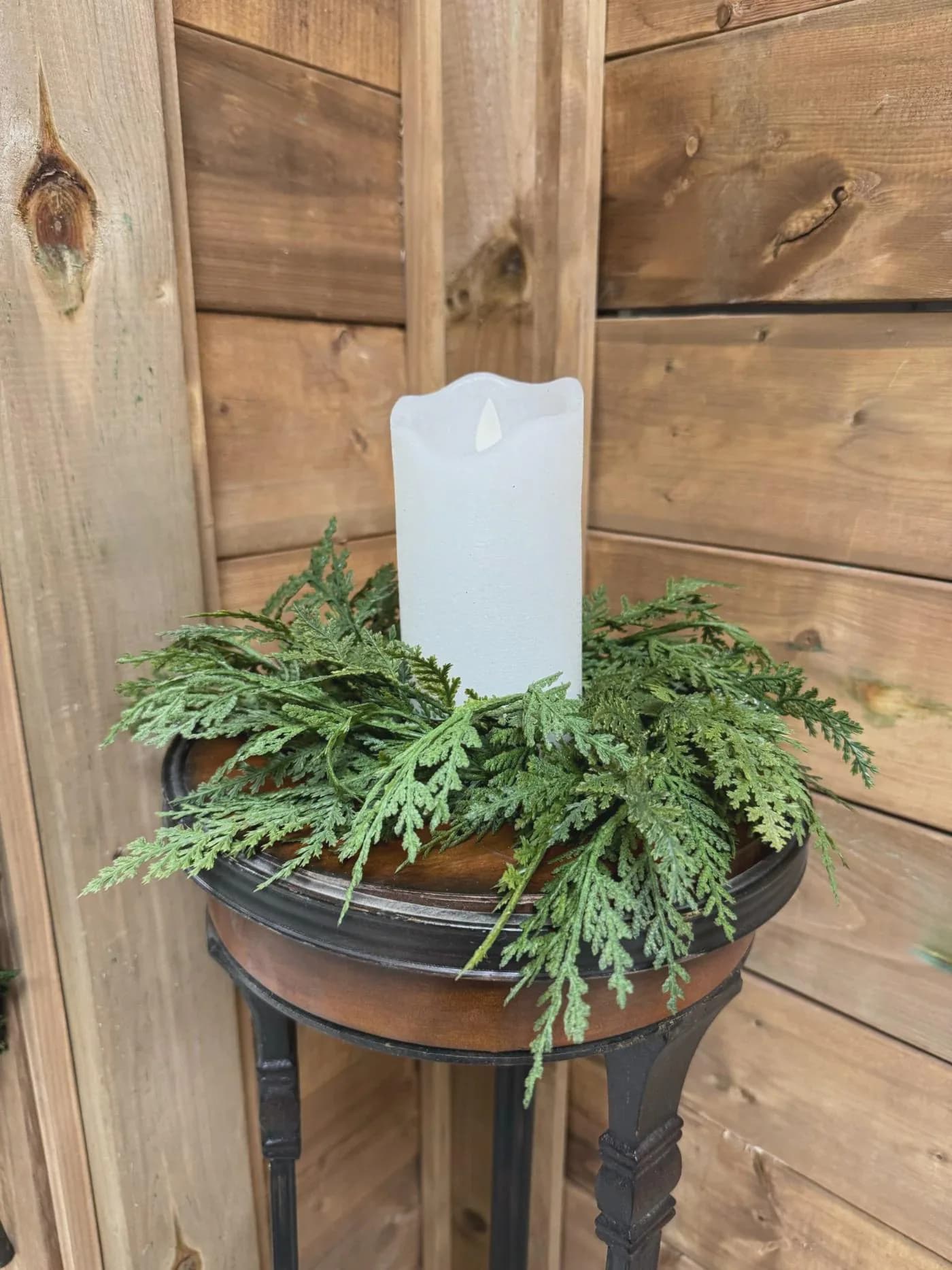 10" Real Touch Cypress Candle Ring, Faux Winter Cypress Wreath, Luxury Christmas Table Centerpiece, Holiday Pillar Candle Greenery Ring