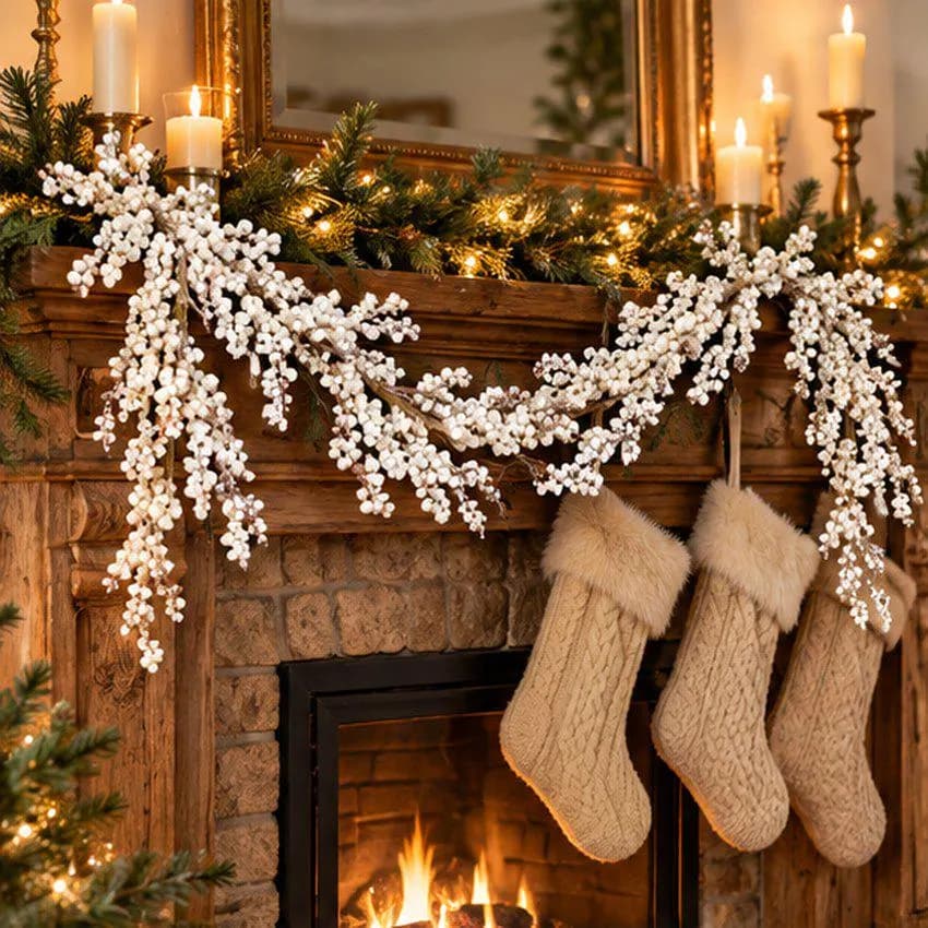5 Foot White Glitter Berry Christmas Garland, Snowy Holiday Mantel and Table Decor