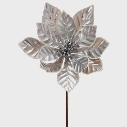 24" Silver & White Edge Metallic Poinsettia/Holiday Decor/Christmas Decor/Poinsettia Picks/Poinsettia Flowers/Poinsettia Plants