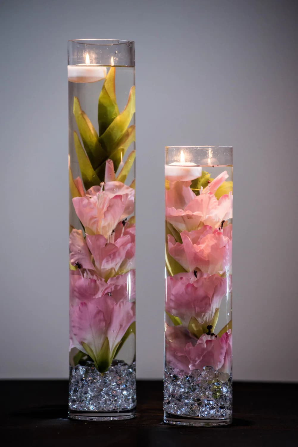 Submersible Pink/Red/White Hibiscus Orchid  Floral Wedding Centerpiece with Floating Candles and Acrylic Crystals Kit