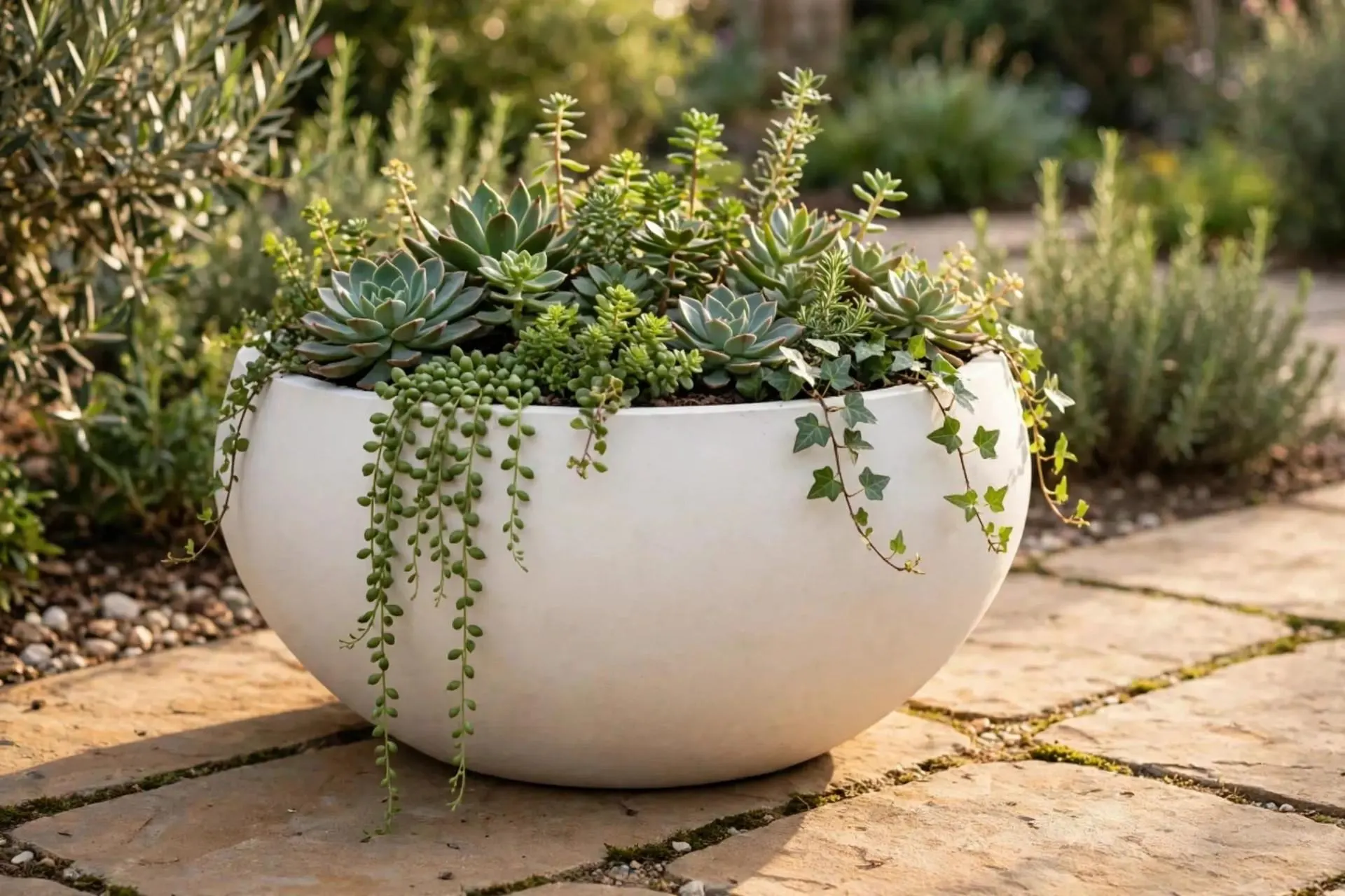 Round Ficonstone Bowl Pot White 20x9.5 Inch | Wide Shallow Stone-Look Planter | Garden Centrepiece