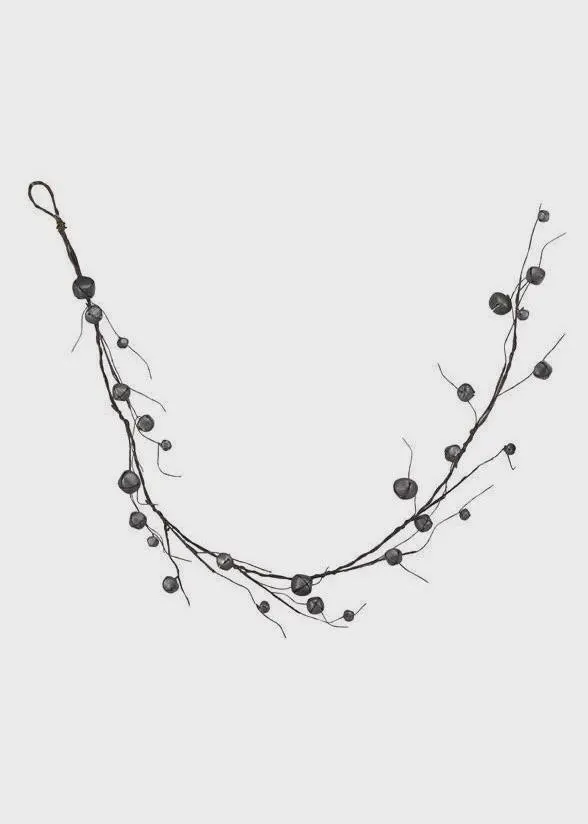 60" Pewter Jingle Bell Garland, Rustic Christmas Twig Strand, Farmhouse Holiday Decor, Primitive Metal Bells, Winter Mantel Accent