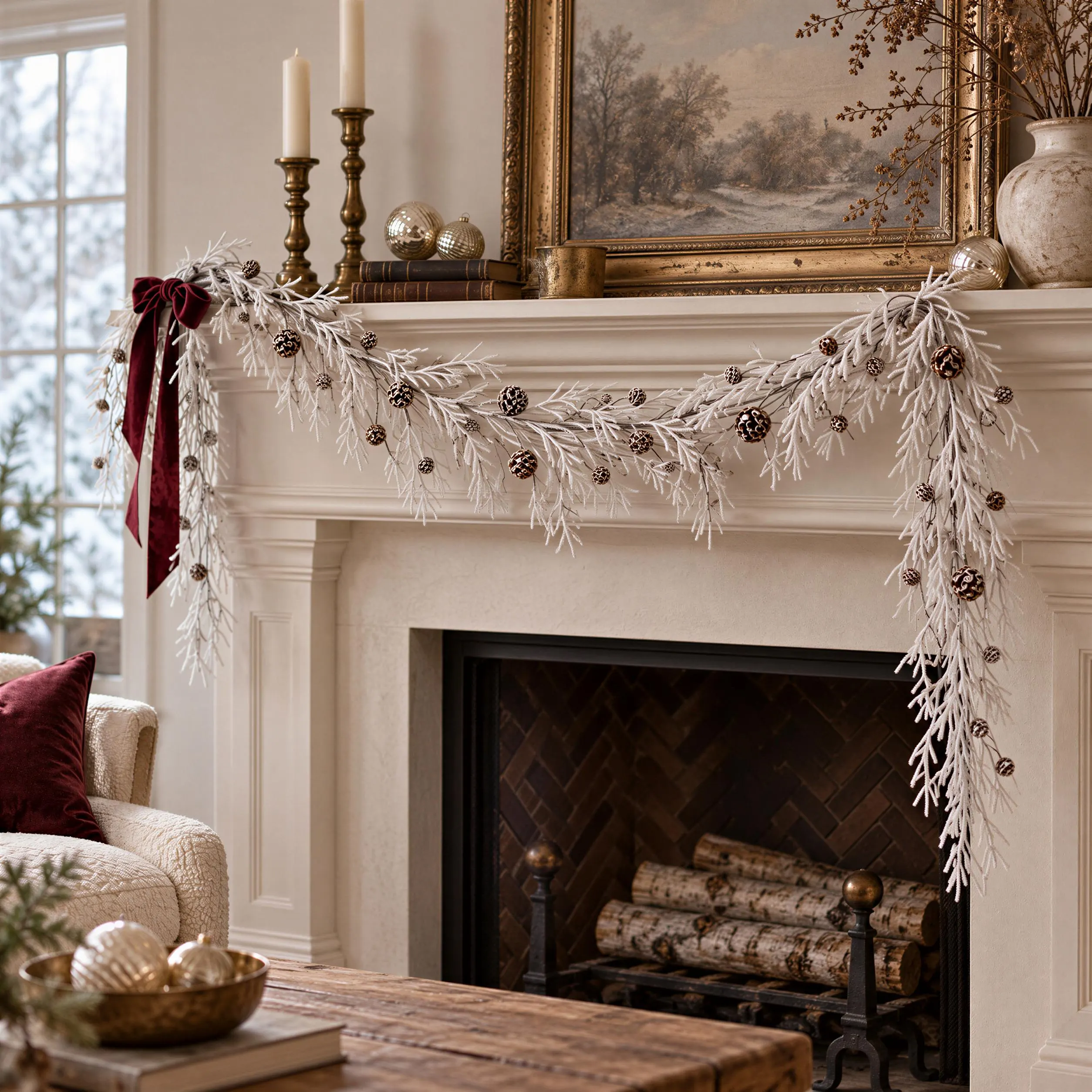 5 Foot Snowy White Garland with Brown Pine Cones, Flocked Christmas Mantel and Table Decor