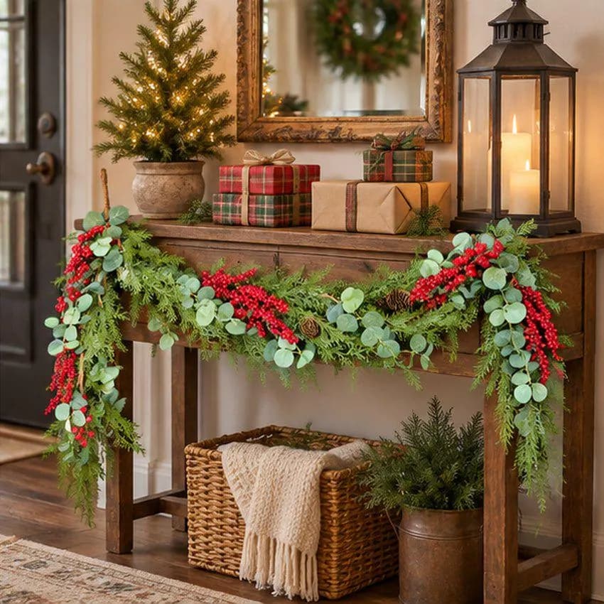 5 Foot Christmas Garland with Red Berries, Pine Cones and Mixed Greenery, Classic Holiday Mantel Decor