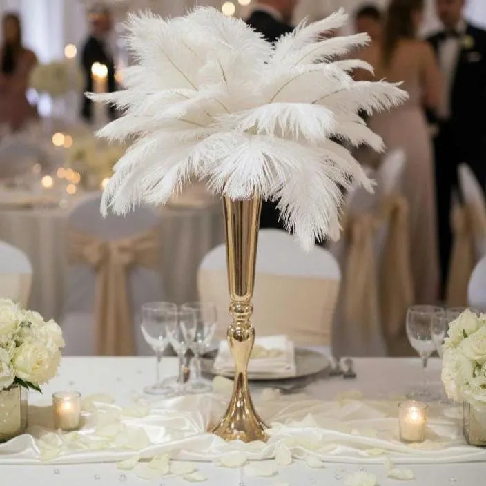 21" (55cm) Gold Trumpet White Ostrich Feather Centerpiece | Wedding Table Decor | Luxury Reception Centerpiece