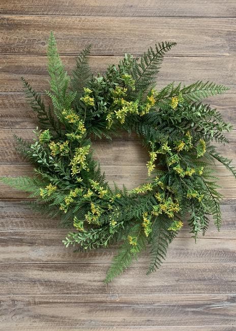24" Yellow Lace Fern Wreath With Flowers/Green Artificial Wreath/Green Wreath/Natural Looking Wreath/Outdoor Wreath/Green Outdoor Wreath