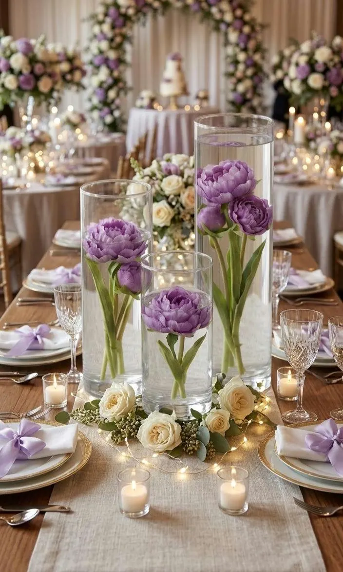 Submersible Fresh Touch Lavender White Avant Grade Peony Tulip/ Floral Wedding Centerpiece with Floating Candles and Acrylic Crystals Kit