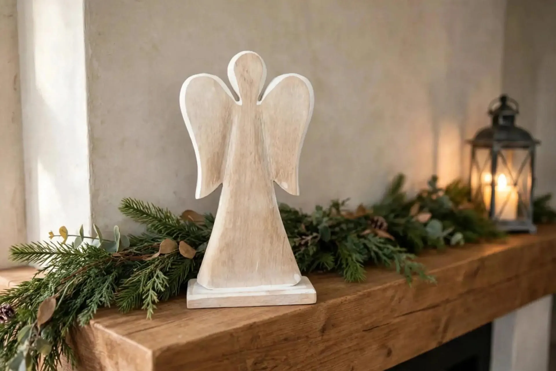 Wooden Angel on Base White Wash Large 11.6 Inch | Carved Wood Angel Tabletop Decor | Rustic Christmas Shelf Sitter