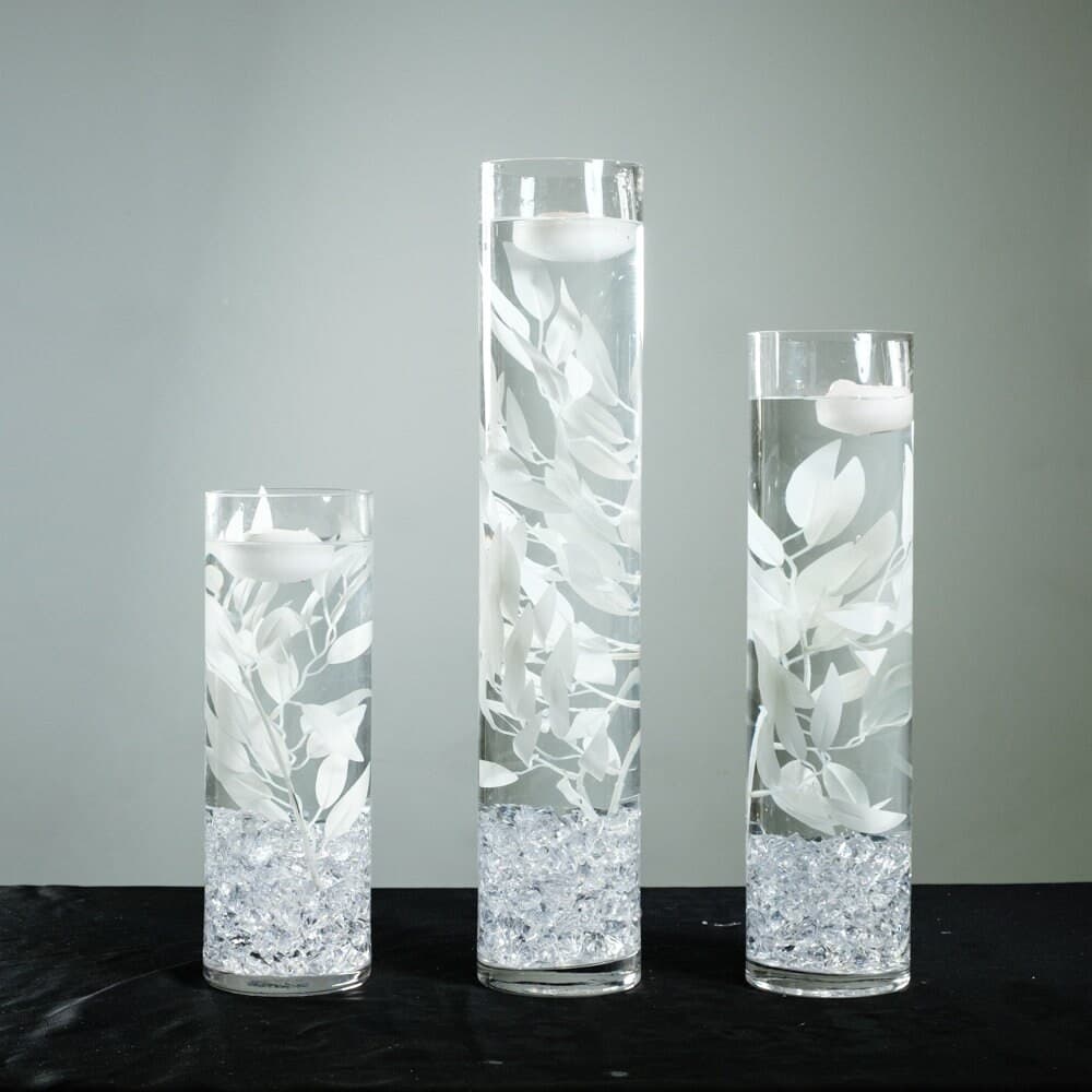Submersible White Thin Branched Floral Wedding Centerpiece with Floating Candles and Acrylic Crystals Kit