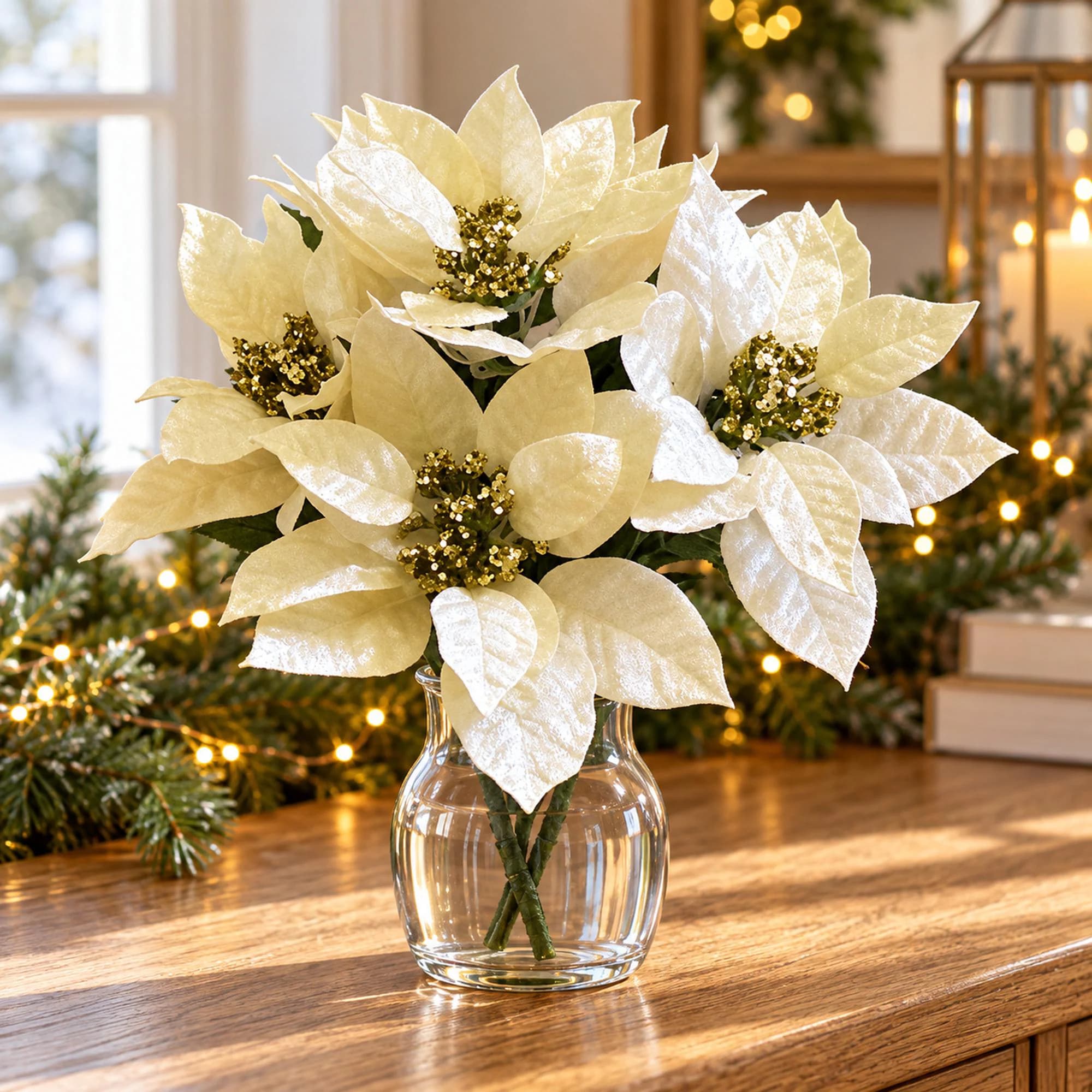 Ivory Velvet Poinsettia Bush, 10 Inch Artificial Christmas Flower Arrangement Supply