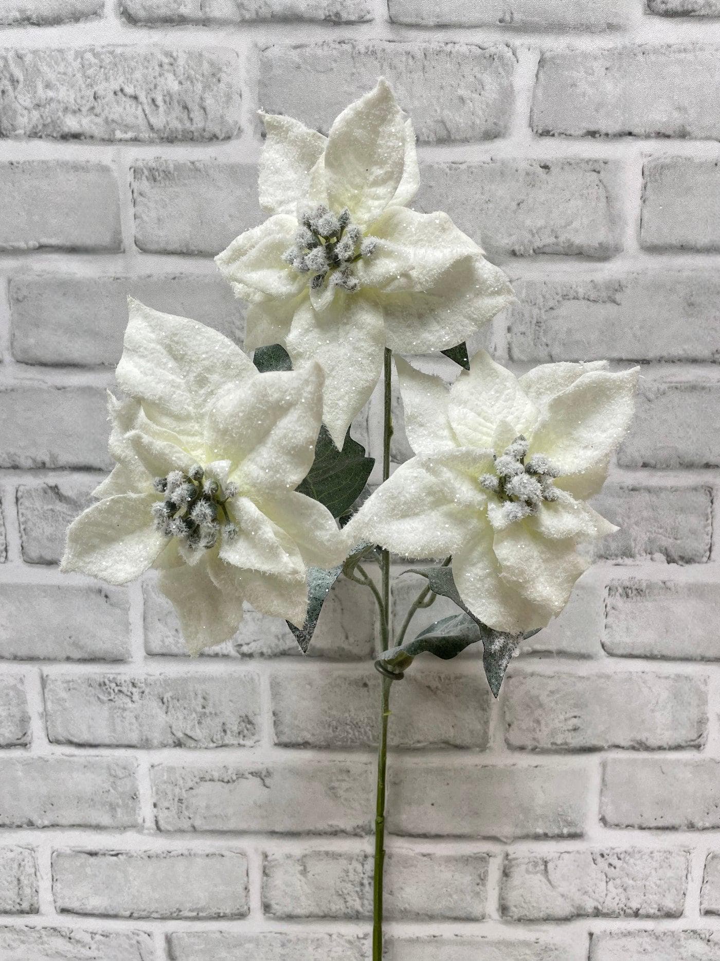 24" Snowy Poinsettia Spray, Faux Frosted Christmas Flower, Artificial Winter Poinsettia Bloom for Holiday Floral Layouts & Vases