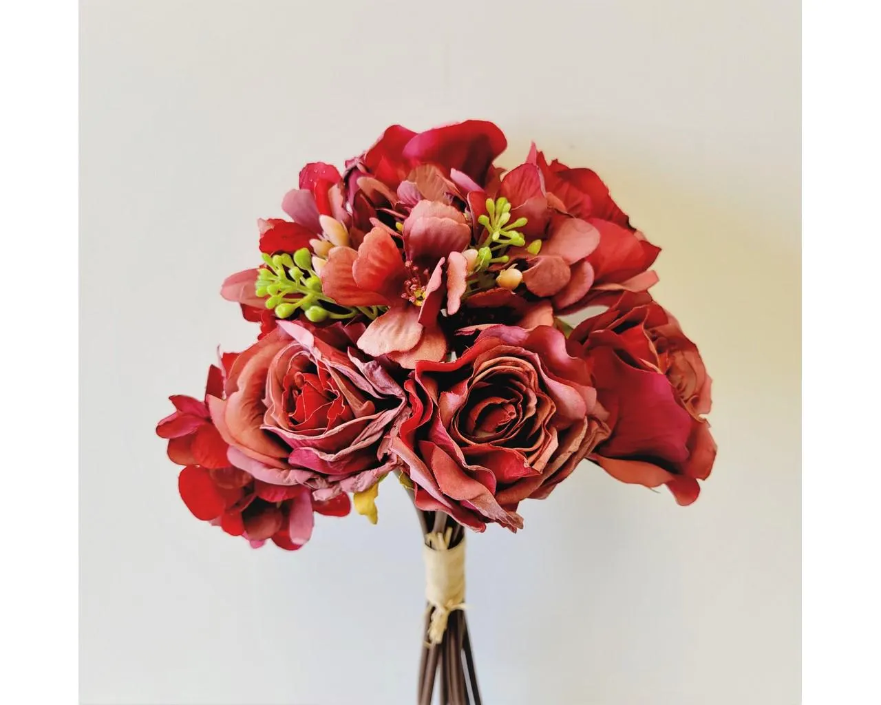 15" Burgundy Rose & Hydrangea Bouquet | Faux Flower Bouquet | Hand-Tied Artificial Flowers | Wedding Decor | Fall Floral Arrangement