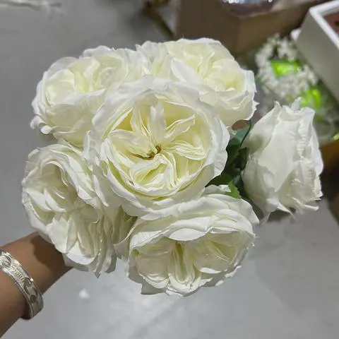 White Austin Rose Bunch, 6 Premium Silk Flower Heads, Artificial English Garden Rose Bouquet for Weddings and Luxury Home Decor