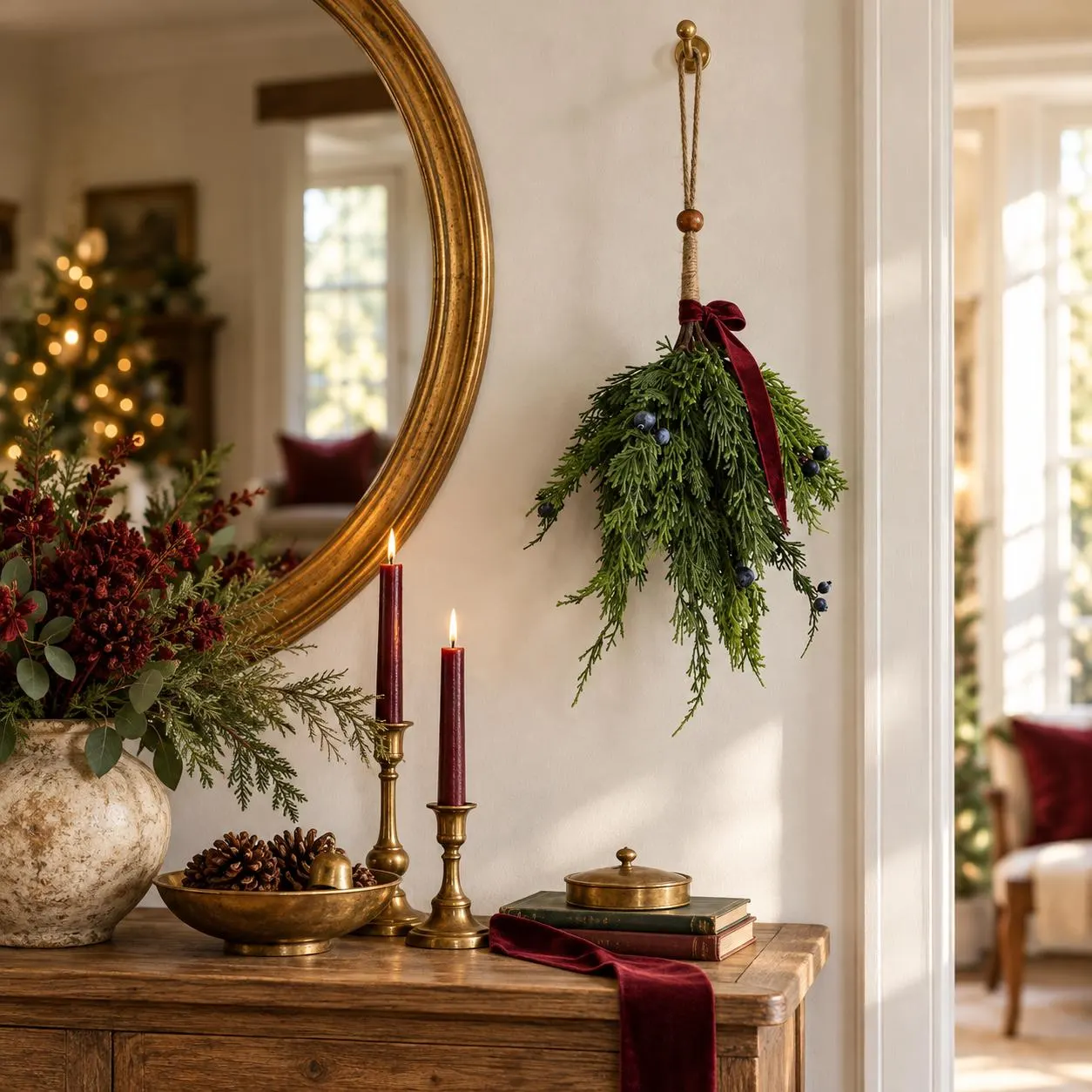 17 Inch Real Touch Cedar and Blue Berry Hanging Vine, Green Christmas Wall and Door Decor