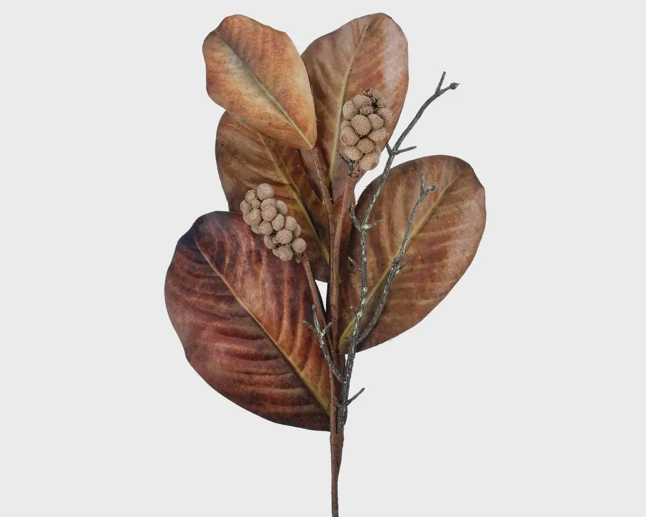 25" Brown Magnolia Leaf & Berry Floral Spray, Artificial Fall Foliage Stem for Wedding Centerpiece, Rustic Thanksgiving,  Winter Event Decor