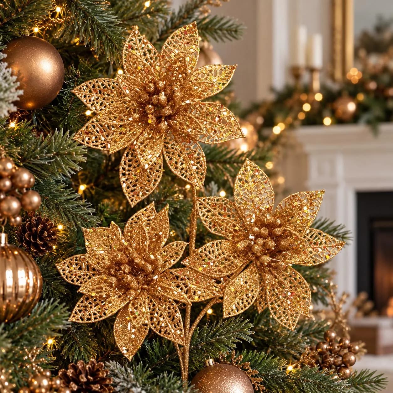 3 Heads, 26 Inch Gold Glitter Poinsettia Spray, Artificial Christmas Flowers