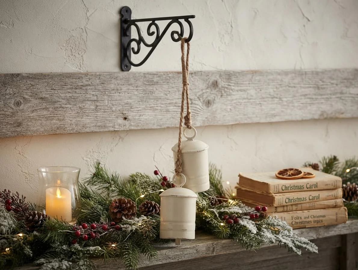 15" White Metal Can Bell Hanger,  Primitive Jingle Bells on Rustic Strand, Farmhouse Christmas Door & Mantel Decor, Vintage Holiday Accent