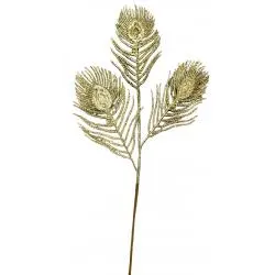 23" Glitter Gold Peacock Spray – Faux 3-Head Sparkly Floral Pick, Metallic Gold Christmas, Holiday Accent Stem for Wreaths & Trees