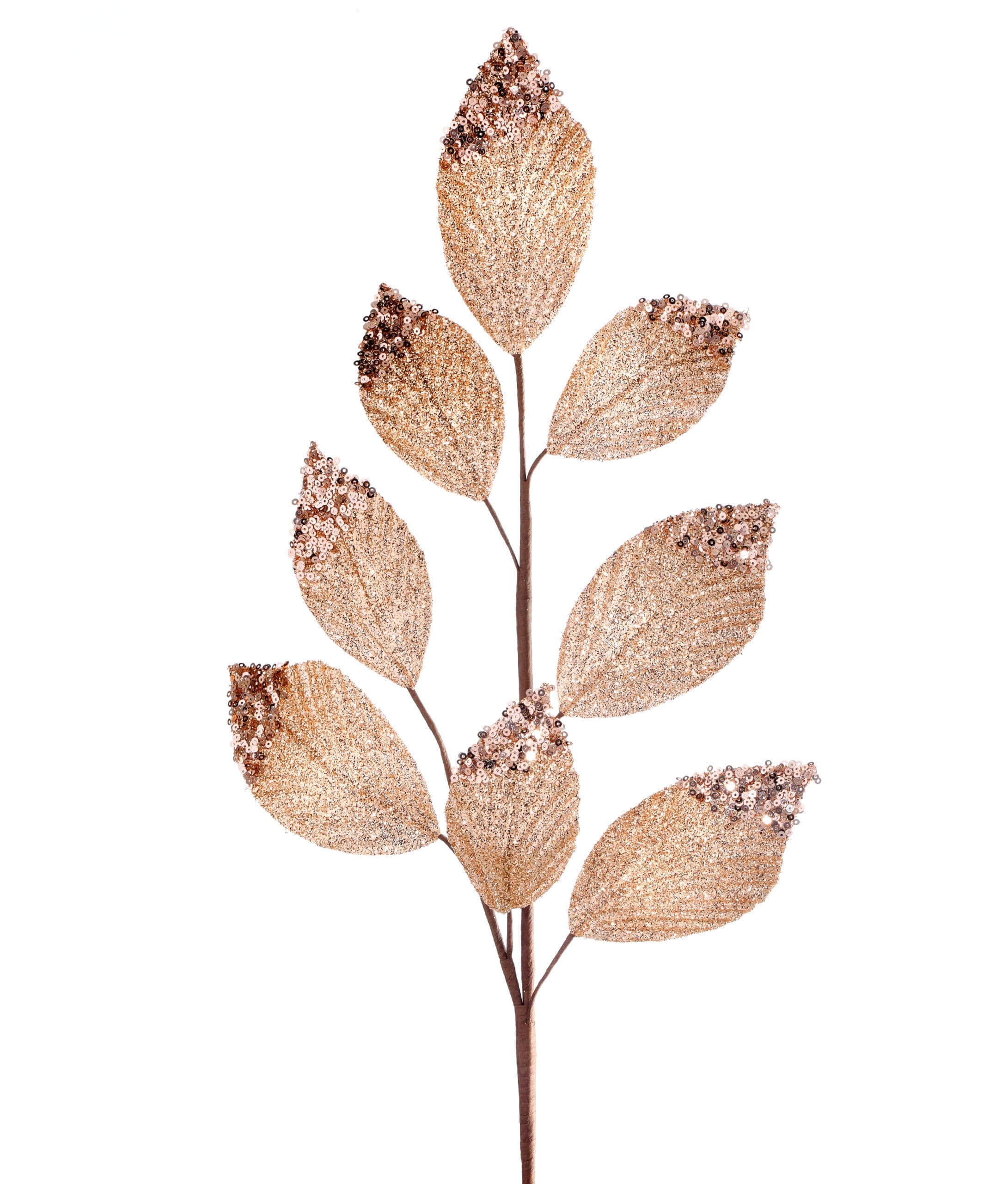 26" Bronzed Gold Glitter Sequin Tip Leaf Spray Faux Foliage Stem, Sparkly Metallic Branch for Floral Arrangement, Centerpiece &Holiday Decor