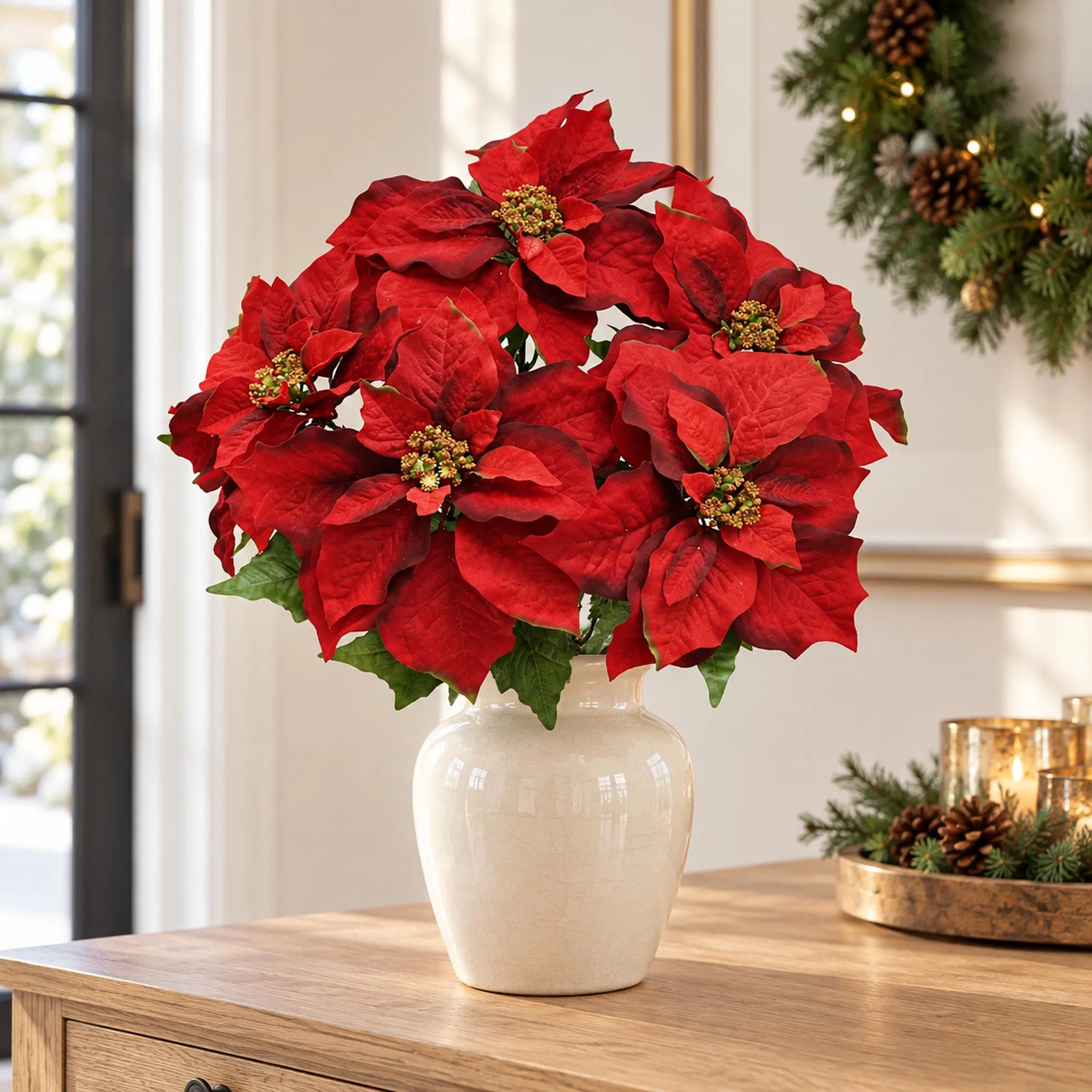 Red Poinsettia Bush, 20 Inch Artificial Christmas Flower Arrangement Supply