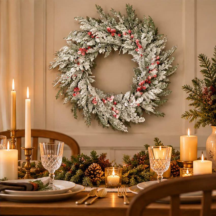 22 Inch Frosted Christmas Wreath with Red Berries, Snowy Green Holiday Front Door Decor